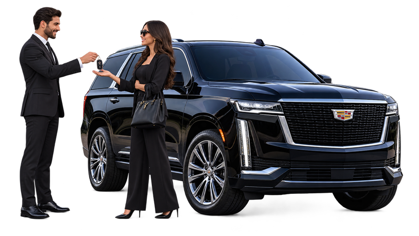A host handing over the keys to a black Cadillac Escalade